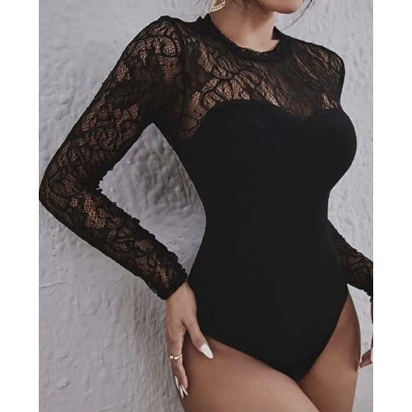 SHEIN Tops - Black lace crochet velvety Shein one piece Bodysuit Top•2(XS